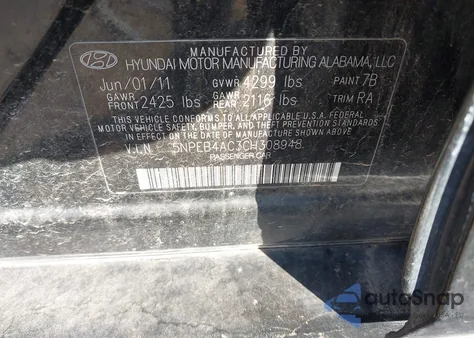 2012 Hyundai Sonata Gls z USA, uszkodzony, nr VIN 5NPEB4AC3CH308948